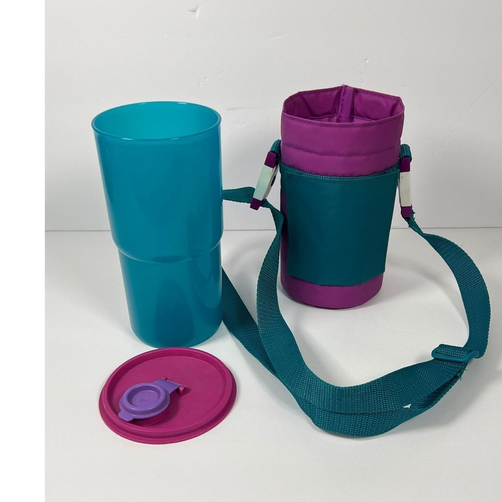 Vtg Tupperware Thirstquake 30oz Tumbler Insulated Carrying Bag Purple Teal White